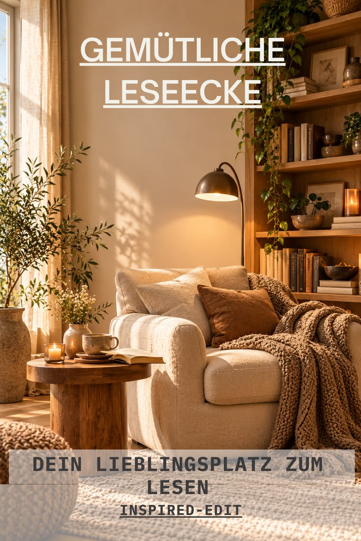 Pin-Motiv mit gemütlicher Leseecke, Sessel, Decke und Bücherregal sowie der Aufschrift zur Leseecke.