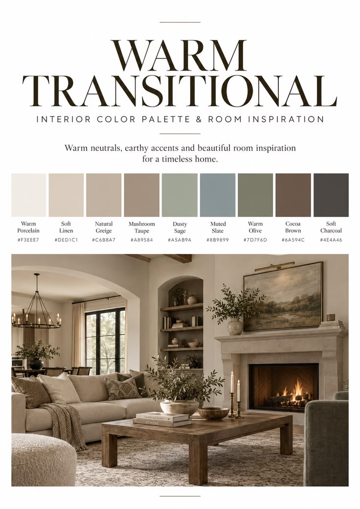 Warm-Transitional-Pin mit neun benannten Farbfeldern und einer Wohnzimmer-Illustration.