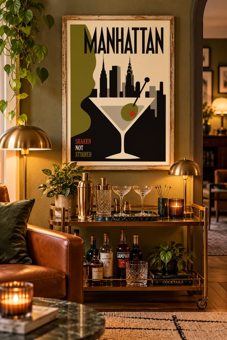 Pin-Motiv mit Manhattan-Cocktailposter und einer Home Bar im Retro-Stil.