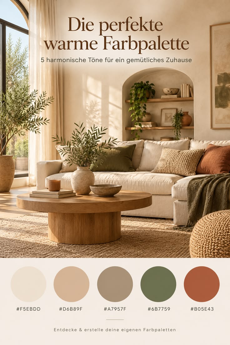 Pin mit warmem Wohnzimmer und fünf Farbfeldern in Creme, Beige, Taupe, Olive und Clay.
