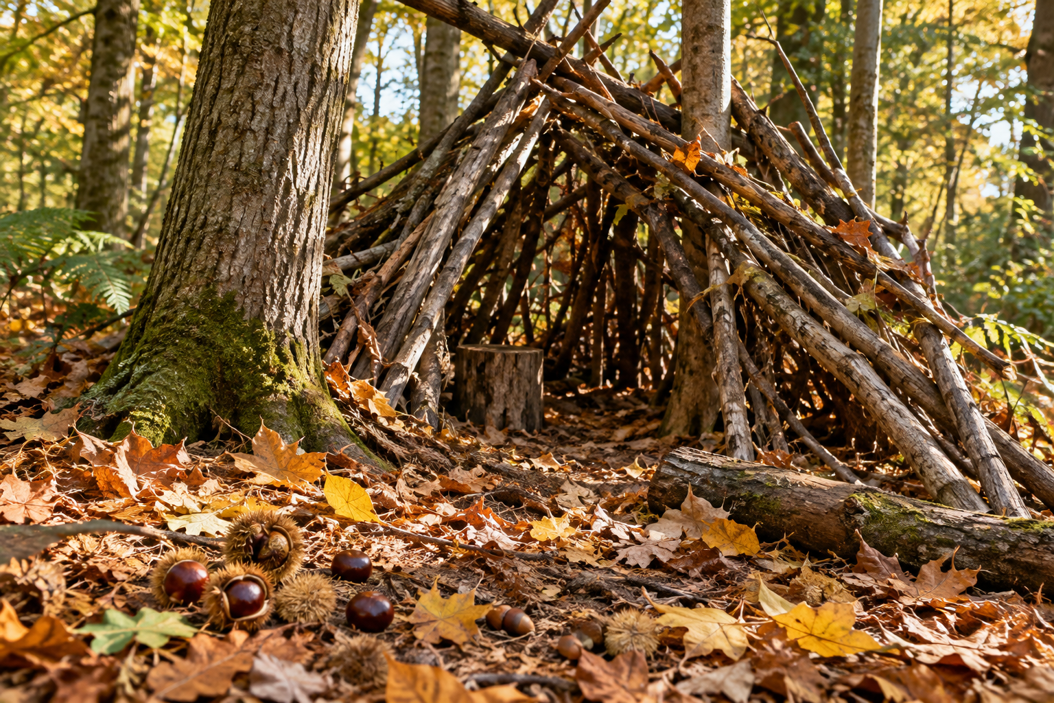 Kleine Hütte aus Ästen im herbstlichen Wald, davor liegen Kastanien und Eicheln im Laub.